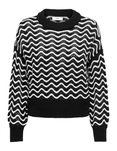 JERSEY JDYRITA L/S SHORT STRUC PULL KNT NOOS Black W CLOUD DANCER ZIG ZAG PATTERN