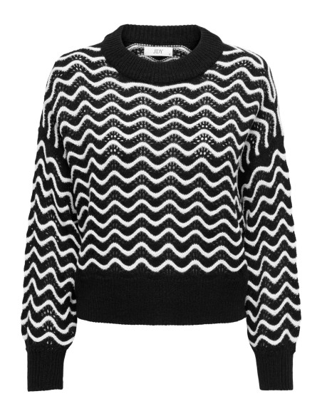 JERSEY JDYRITA L/S SHORT STRUC PULL KNT NOOS Black W CLOUD DANCER ZIG ZAG PATTERN