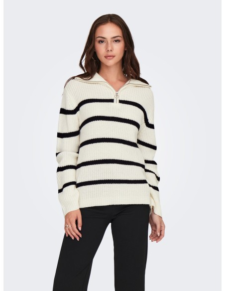 JERSEY JDYJUSTY L/S HN ZIP WIDE SLEEVE PULL KNT Eggnog BLACK/Blanco Eggnog