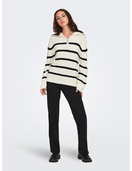 JERSEY JDYJUSTY L/S HN ZIP WIDE SLEEVE PULL KNT Eggnog BLACK/Blanco Eggnog