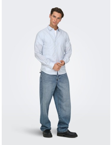 CAMISA ONSALVARO SLIM LS OXFORD STRIPE SHIRT Bright White BLUE FOG